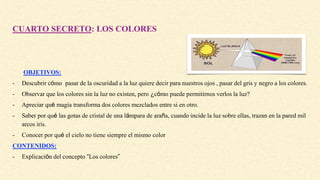 CUARTO SECRETO: LOS COLORES
OBJETIVOS:
- Descubrir cómo pasar de la oscuridad a la luz quiere decir para nuestros ojos , pasar del gris y negro a los colores.
- Observar que los colores sin la luz no existen, pero ¿cómo puede permitirnos verlos la luz?
- Apreciar qué magia transforma dos colores mezclados entre si en otro.
- Saber por qué las gotas de cristal de una lámpara de araña, cuando incide la luz sobre ellas, trazan en la pared mil
arcos iris.
- Conocer por qué el cielo no tiene siempre el mismo color
CONTENIDOS:
- Explicación del concepto “Los colores”
 