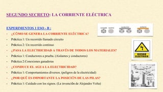 SEGUNDO SECRETO: LA CORRIENTE ELÉCTRICA
EXPERIMENTOS 1 ESO - B :
- ¿CÓMO SE GENERA LA CORRIENTE ELÉCTRICA?
- Práctica 1: Un recorrido llamado circuito
- Práctica 2: Un recorrido continuo
- ¿PASA LA ELECTRICIDAD A TRAVÉS DE TODOS LOS MATERIALES?
- Práctica 1: Conductores a prueba. (Aislantes y conductores)
- Práctica 2:Conexiones ganadoras
- ¿CONDUCE EL AGUA LA ELECTRICIDAD?
- Práctica 1: Comportamientos diversos. (peligros de la electricidad)
- ¿POR QUÉ ES IMPORTANTE LA POSICIÓN DE LAS PILAS?
- Práctica 1: Cuidado con los signos. (La invención de Alejandro Volta)
 