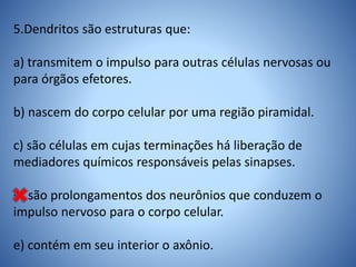 5.Dendritos são estruturas que:
a) transmitem o impulso para outras células nervosas ou
para órgãos efetores.
b) nascem do corpo celular por uma região piramidal.
c) são células em cujas terminações há liberação de
mediadores químicos responsáveis pelas sinapses.
d) são prolongamentos dos neurônios que conduzem o
impulso nervoso para o corpo celular.
e) contém em seu interior o axônio.
 
