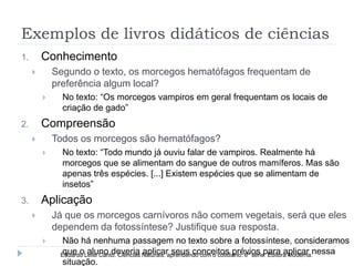Exemplos de livros didáticos de ciências
1. Conhecimento
 Segundo o texto, os morcegos hematófagos frequentam de
preferência algum local?
 No texto: “Os morcegos vampiros em geral frequentam os locais de
criação de gado”
2. Compreensão
 Todos os morcegos são hematófagos?
 No texto: “Todo mundo já ouviu falar de vampiros. Realmente há
morcegos que se alimentam do sangue de outros mamíferos. Mas são
apenas três espécies. [...] Existem espécies que se alimentam de
insetos”
3. Aplicação
 Já que os morcegos carnívoros não comem vegetais, será que eles
dependem da fotossíntese? Justifique sua resposta.
 Não há nenhuma passagem no texto sobre a fotossíntese, consideramos
que o aluno deveria aplicar seus conceitos prévios para aplicar nessa
situação.
Eduardo Leite Canto. Ciências Naturais: aprendendo com o cotidiano. 6ª série. Editora Moderna.
 