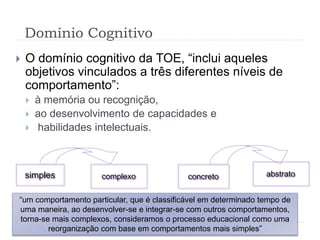 Domínio Cognitivo
 O domínio cognitivo da TOE, “inclui aqueles
objetivos vinculados a três diferentes níveis de
comportamento”:
 à memória ou recognição,
 ao desenvolvimento de capacidades e
 habilidades intelectuais.
simples complexo concreto abstrato
“um comportamento particular, que é classificável em determinado tempo de
uma maneira, ao desenvolver-se e integrar-se com outros comportamentos,
torna-se mais complexos, consideramos o processo educacional como uma
reorganização com base em comportamentos mais simples”
 