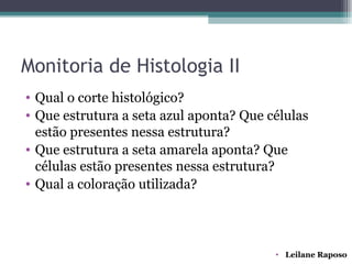 Monitoria de Histologia II
• Qual o corte histológico?
• Que estrutura a seta azul aponta? Que células
  estão presentes nessa estrutura?
• Que estrutura a seta amarela aponta? Que
  células estão presentes nessa estrutura?
• Qual a coloração utilizada?




                                         • Leilane Raposo
 