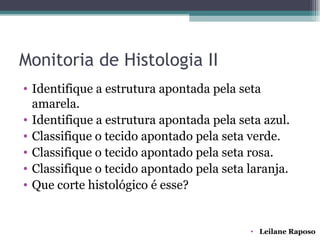 Monitoria de Histologia II
• Identifique a estrutura apontada pela seta
  amarela.
• Identifique a estrutura apontada pela seta azul.
• Classifique o tecido apontado pela seta verde.
• Classifique o tecido apontado pela seta rosa.
• Classifique o tecido apontado pela seta laranja.
• Que corte histológico é esse?


                                          • Leilane Raposo
 