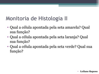 Monitoria de Histologia II
• Qual a célula apontada pela seta amarela? Qual
  sua função?
• Qual a célula apontada pela seta laranja? Qual
  sua função?
• Qual a célula apontada pela seta verde? Qual sua
  função?




                                         • Leilane Raposo
 