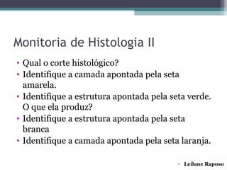 Monitoria de Histologia II
• Qual o corte histológico?
• Identifique a camada apontada pela seta
  amarela.
• Identifique a estrutura apontada pela seta verde.
  O que ela produz?
• Identifique a estrutura apontada pela seta
  branca
• Identifique a camada apontada pela seta laranja.

                                          • Leilane Raposo
 