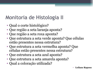 Monitoria de Histologia II
•   Qual o corte histológico?
•   Que região a seta laranja aponta?
•   Que região a seta roxa aponta?
•   Que estrutura a seta verde aponta? Que células
    estão presentes nessa estrutura?
•   Que estrutura a seta vermelha aponta? Que
    células estão presentes nessa estrutura?
•   Que estrutura a seta azul aponta?
•   Que estrutura a seta amarela aponta?
•   Qual a coloração utilizada?
                                           • Leilane Raposo
 