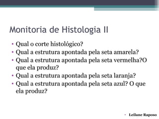 Monitoria de Histologia II
• Qual o corte histológico?
• Qual a estrutura apontada pela seta amarela?
• Qual a estrutura apontada pela seta vermelha?O
  que ela produz?
• Qual a estrutura apontada pela seta laranja?
• Qual a estrutura apontada pela seta azul? O que
  ela produz?


                                        • Leilane Raposo
 