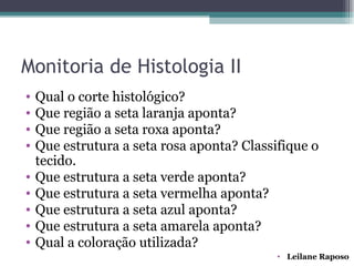 Monitoria de Histologia II
•   Qual o corte histológico?
•   Que região a seta laranja aponta?
•   Que região a seta roxa aponta?
•   Que estrutura a seta rosa aponta? Classifique o
    tecido.
•   Que estrutura a seta verde aponta?
•   Que estrutura a seta vermelha aponta?
•   Que estrutura a seta azul aponta?
•   Que estrutura a seta amarela aponta?
•   Qual a coloração utilizada?
                                            • Leilane Raposo
 