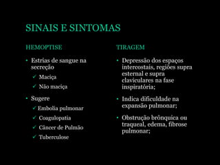 SINAIS E SINTOMAS
HEMOPTISE
• Estrias de sangue na
secreção
 Maciça
 Não maciça
• Sugere
 Embolia pulmonar
 Coagulopatia
 Câncer de Pulmão
 Tuberculose
TIRAGEM
• Depressão dos espaços
intercostais, regiões supra
esternal e supra
claviculares na fase
inspiratória;
• Indica dificuldade na
expansão pulmonar;
• Obstrução brônquica ou
traqueal, edema, fibrose
pulmonar;
 