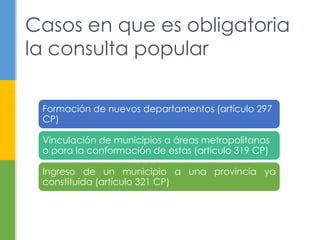 Casos en que es obligatoria
la consulta popular
Formación de nuevos departamentos (artículo 297
CP)
Vinculación de municipios a áreas metropolitanas
o para la conformación de estas (artículo 319 CP)
Ingreso de un municipio a una provincia ya
constituida (artículo 321 CP)
 