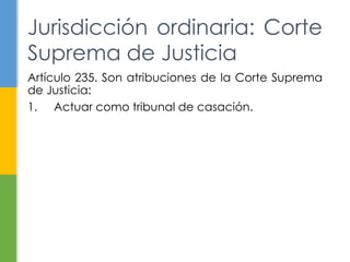Artículo 235. Son atribuciones de la Corte Suprema
de Justicia:
1. Actuar como tribunal de casación.
Jurisdicción ordinaria: Corte
Suprema de Justicia
 