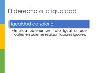 El derecho a la igualdad
Igualdad de salario
•Implica obtener un trato igual al que
obtienen quienes realizan labores iguales.
 