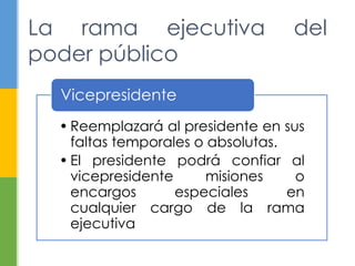 La rama ejecutiva del 
poder público 
Vicepresidente 
• Reemplazará al presidente en sus 
faltas temporales o absolutas. 
• El presidente podrá confiar al 
vicepresidente misiones o 
encargos especiales en 
cualquier cargo de la rama 
ejecutiva 
 