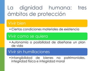 La dignidad humana: tres 
ámbitos de protección 
Vivir bien 
• Ciertas condiciones materiales de existencia 
Vivir como se quiera 
• Autonomía o posibilidad de diseñarse un plan 
de vida 
Vivir sin humillaciones 
• Intangibilidad de bienes no patrimoniales, 
integridad física e integridad moral 
 