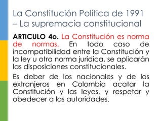 La Constitución Política de 1991 
– La supremacía constitucional 
ARTICULO 4o. La Constitución es norma 
de normas. En todo caso de 
incompatibilidad entre la Constitución y 
la ley u otra norma jurídica, se aplicarán 
las disposiciones constitucionales. 
Es deber de los nacionales y de los 
extranjeros en Colombia acatar la 
Constitución y las leyes, y respetar y 
obedecer a las autoridades. 
 