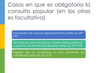 Casos en que es obligatoria la 
consulta popular (en los otros 
es facultativa) 
Formación de nuevos departamentos (artículo 297 
CP) 
Vinculación de municipios a áreas metropolitanas 
o para la conformación de estas (artículo 319 CP) 
Ingreso de un municipio a una provincia ya 
constituida (artículo 321 CP) 
 