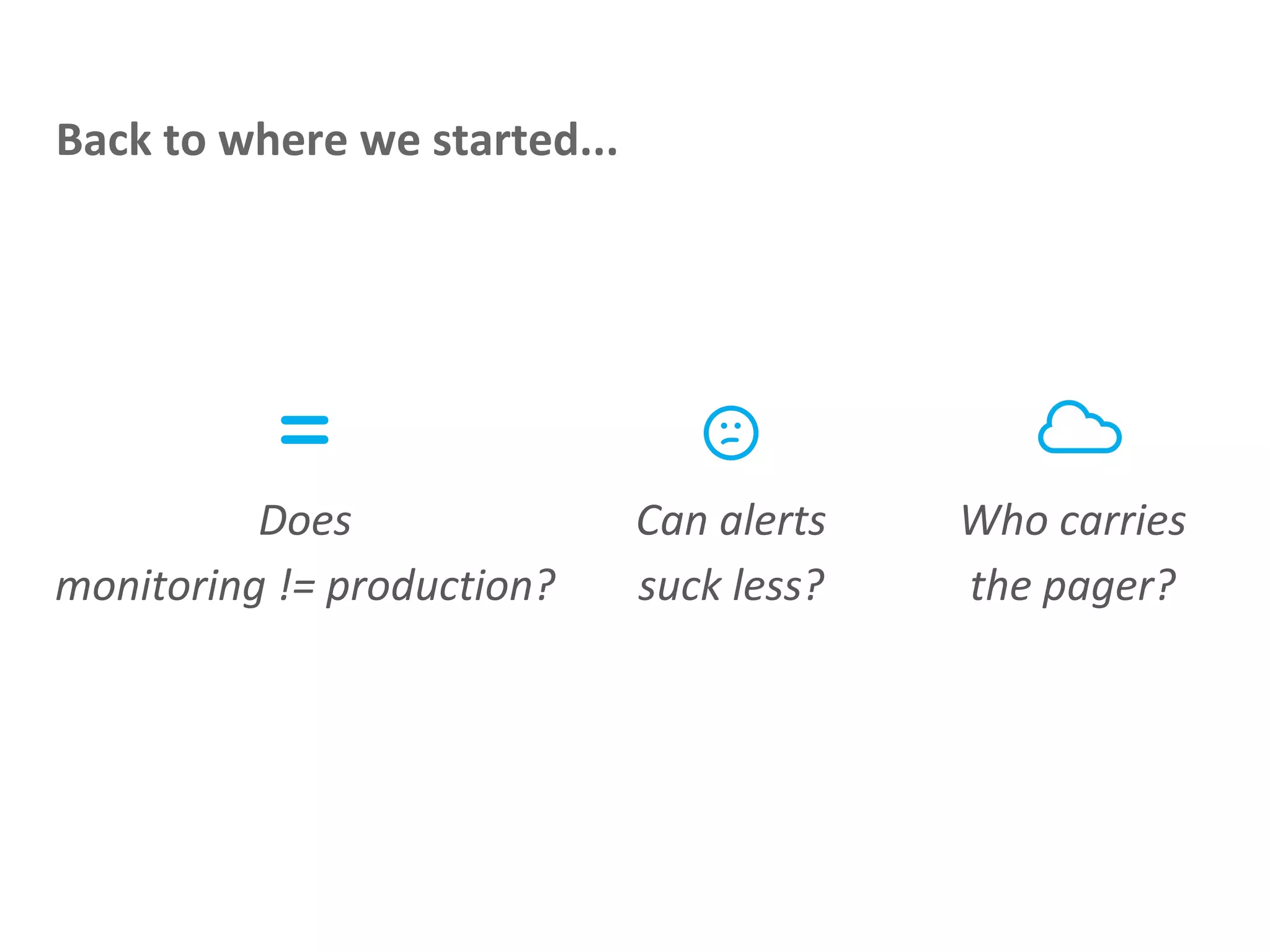 Back to where we started...
Does
monitoring != production?
Can alerts
suck less?
Who carries
the pager?
=
 