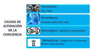 Traumáticas:
TCE, TVM
Neurológicas:
Tumores, MAV, ECV, HSA.
Toxicológicas: Sustancias psicoactivas.
Metabólicas:Hipoglicemias, insuficiencia
hepática, hiponatremias.
 