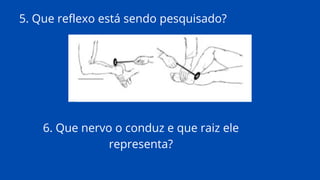 5. Que reflexo está sendo pesquisado?
6. Que nervo o conduz e que raiz ele
representa?
 