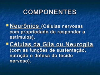 CCOOMMPPOONNEENNTTEESS 
NNeeuurrôônniiooss ((CCéélluullaass nneerrvvoossaass 
ccoomm pprroopprriieeddaaddee ddee rreessppoonnddeerr aa 
eessttíímmuullooss)).. 
CCéélluullaass ddaa GGlliiaa oouu NNeeuurroogglliiaa 
((ccoomm aass ffuunnççõõeess ddee ssuusstteennttaaççããoo,, 
nnuuttrriiççããoo ee ddeeffeessaa ddoo tteecciiddoo 
nneerrvvoossoo)).. 
 