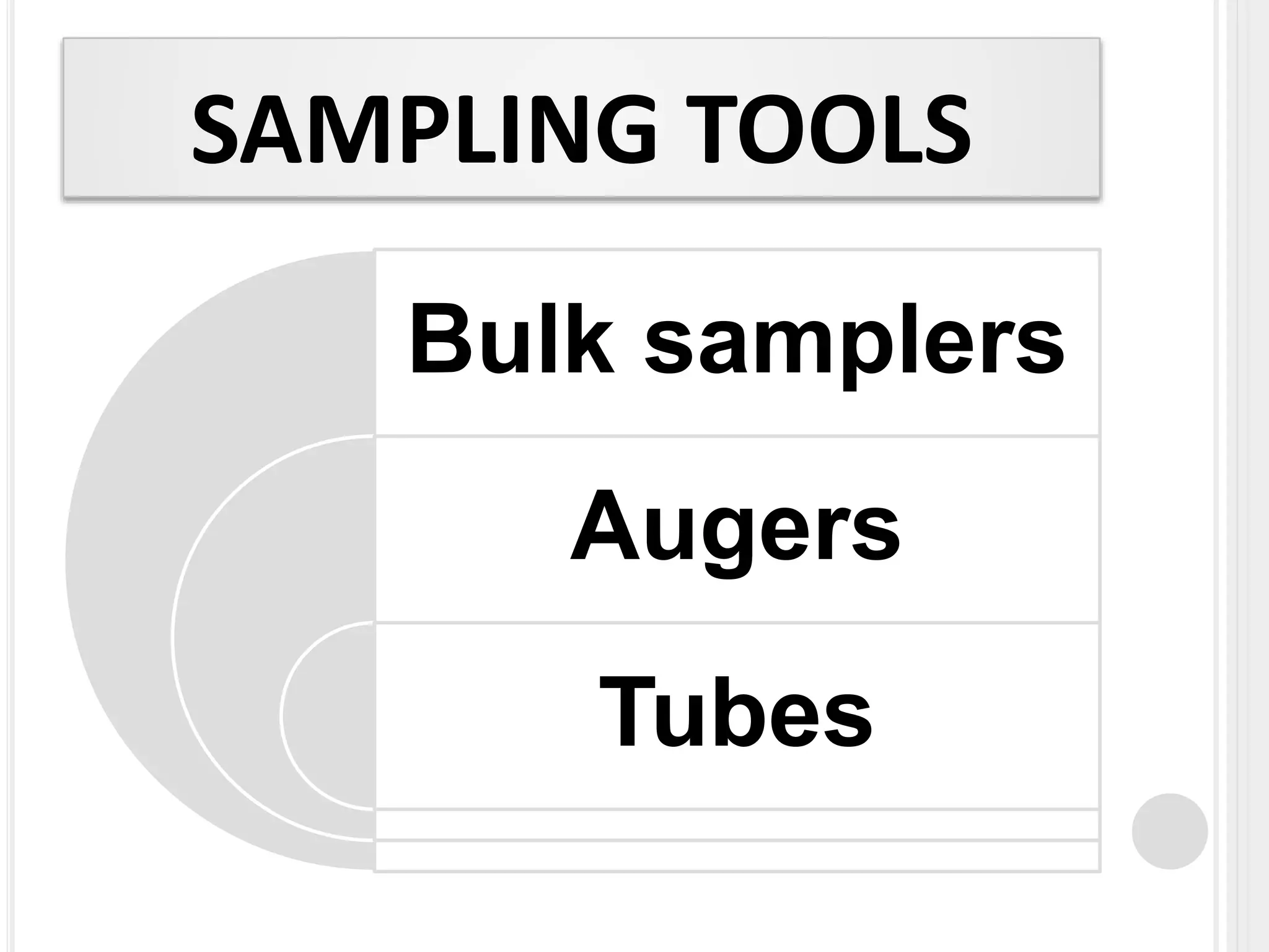 SAMPLING TOOLS
Bulk samplers
Augers
Tubes
 
