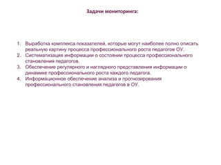 Задачи мониторинга: 
1. Выработка комплекса показателей, которые могут наиболее полно описать 
реальную картину процесса профессионального роста педагогов ОУ. 
2. Систематизация информации о состоянии процесса профессионального 
становления педагогов. 
3. Обеспечение регулярного и наглядного представления информации о 
динамике профессионального роста каждого педагога. 
4. Информационное обеспечение анализа и прогнозирования 
профессионального становления педагогов в ОУ. 
 
