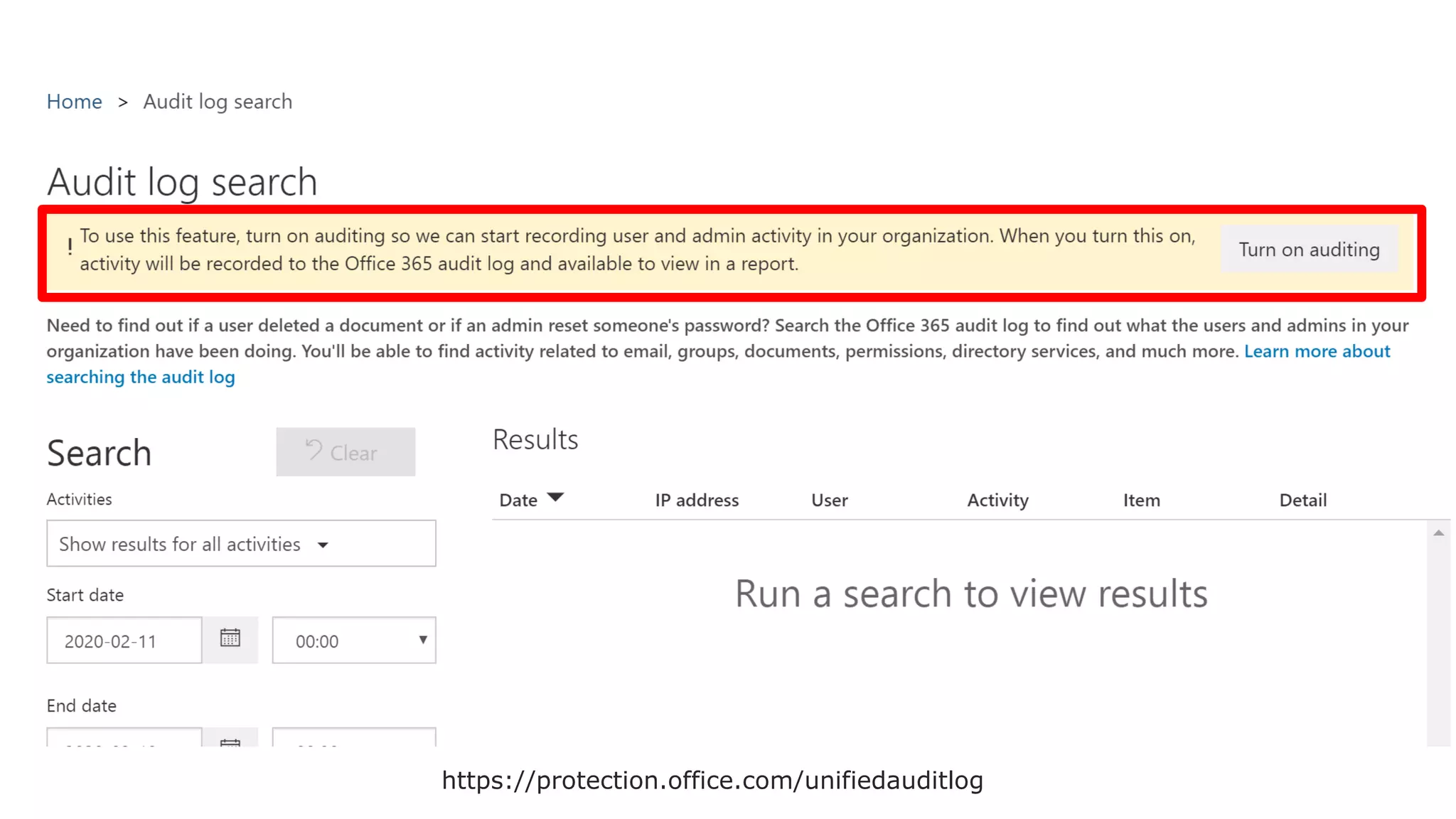 https://protection.office.com/unifiedauditlog
 