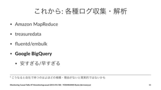 これから:"各種ログ収集・解析
• Amazon(MapReduce
• treasuredata
• ﬂuentd/embulk
• Google&BigQuery
• 安すぎる/早すぎる
4
"こうなると自社で持つのはよほどの規模・理由がないと現実的ではないかも
Monitoring(Casual(Talks(#7(#monitoringcasual((2015/01/30)(<(YOSHIKAWA(Ryota((@rrreeeyyy) 11
 