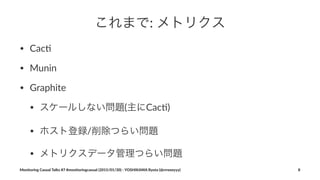 これまで:"メトリクス
• Cac%
• Munin
• Graphite
• スケールしない問題(主にCac%)
• ホスト登録/削除つらい問題
• メトリクスデータ管理つらい問題
Monitoring(Casual(Talks(#7(#monitoringcasual((2015/01/30)(<(YOSHIKAWA(Ryota((@rrreeeyyy) 8
 
