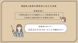創造性と 監 視 の 関 係 性 に 対 す る 考 察
①男性は他 ⼈からの監 視によって創造性が⾼まる
②反対に⼥性は低下する傾向がある
実 験 結 果 ①
本研究において、
監督者が⼥性であったことが関係する？
 