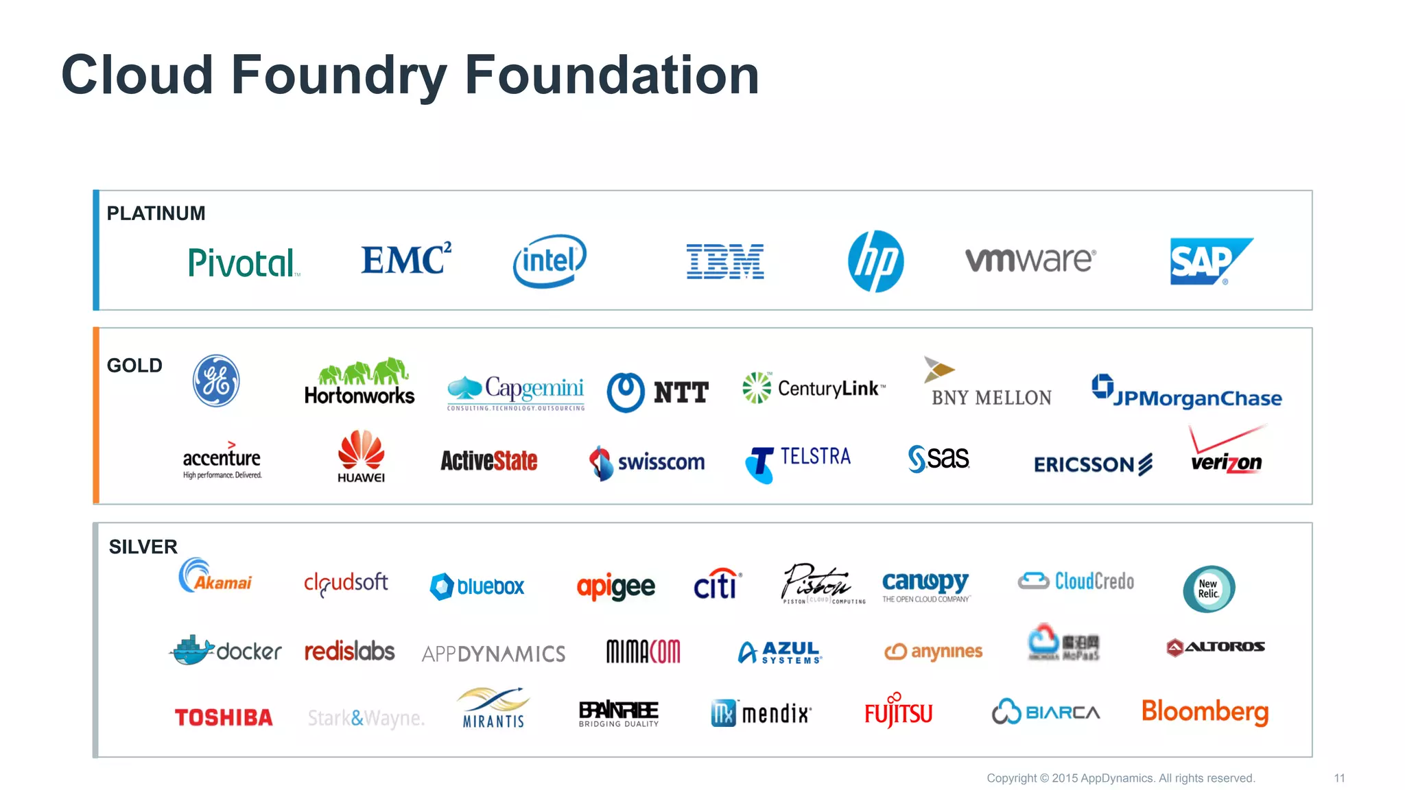 Copyright © 2015 AppDynamics. All rights reserved. 11
Cloud Foundry Foundation
PLATINUM
GOLD
SILVER
 