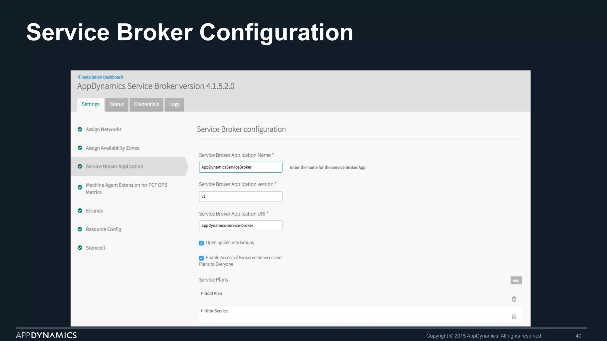 Service Broker Configuration
Copyright © 2015 AppDynamics. All rights reserved. 40
 