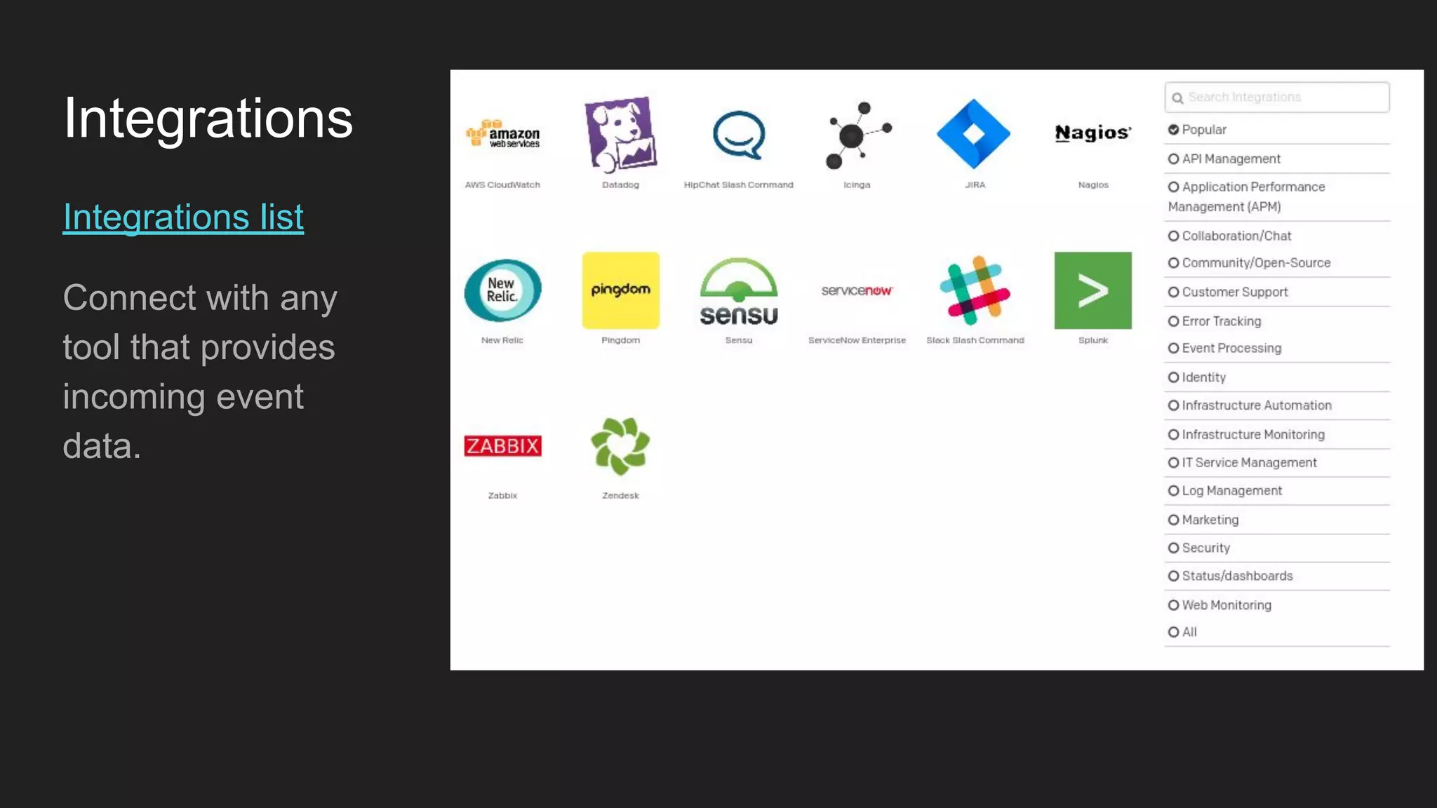 Integrations
Integrations list
Connect with any
tool that provides
incoming event
data.
 