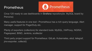 Prometheus
Circa 120 ready to use dashboards in Grafana repository(ie. MySQL board by
Percona)
Many useful features in one tool - Prometheus has a rich query language, Alert
manager, support for PagerDuty etc.
Plenty of exporters (collectors) for standard tools: MySQL, HAProxy, NGINX,
Pagespeed, BIND, Jenkins, scollector
Third party project support for Prometheus: GitLab, Kubernetes, etcd, telegraf,
jmx-exporter, collectd)
 