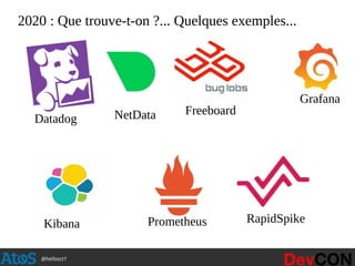 @hellosct1
2020 : Que trouve-t-on ?... Quelques exemples...
Datadog
Grafana
Freeboard
Kibana Prometheus RapidSpike
NetData
 
