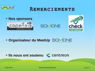 12 sur 12Meetup Monitoring Paris4 juin 2015
Remerciements
➔ Nos sponsors
➔ Organisateur du MeetUp
➔ Ils nous ont soutenu
 