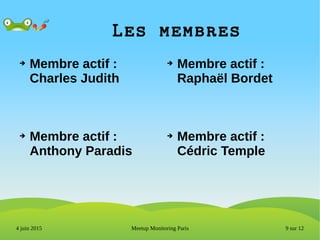 9 sur 12Meetup Monitoring Paris4 juin 2015
Les membres
➔ Membre actif :
Charles Judith
➔ Membre actif :
Raphaël Bordet
➔ Membre actif :
Cédric Temple
➔ Membre actif :
Anthony Paradis
 