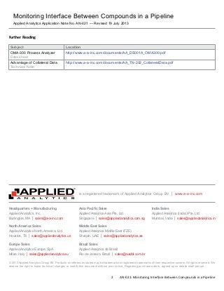 is a registered trademark of Applied Analytics Group BV. | www.a-a-inc.com
© 2013 Applied Analytics Group BV. Products or references stated may be trademarks or registered trademarks of their respective owners. All rights reserved. We
reserve the right to make technical changes or modify this document without prior notice. Regarding purchase orders, agreed-upon details shall prevail.
Europe Sales
Applied Analytics Europe, SpA
Milan, Italy | sales@appliedanalytics.eu
Headquarters + Manufacturing
Applied Analytics, Inc.
Burlington, MA | sales@a-a-inc.com
North America Sales
Applied Analytics North America, Ltd.
Houston, TX | sales@appliedanalytics.us
India Sales
Applied Analytics (India) Pte. Ltd.
Mumbai, India | sales@appliedanalytics.in
Middle East Sales
Applied Analytics Middle East (FZE)
Sharjah, UAE | sales@appliedanalytics.ae
Asia Pacific Sales
Applied Analytics Asia Pte. Ltd.
Singapore | sales@appliedanalytics.com.sg
Brazil Sales
Applied Analytics do Brasil
Rio de Janeiro, Brazil | sales@aadbl.com.br
APPLIEDA N A L Y T I C S
TM
Subject Location
OMA-300 Process Analyzer
Data sheet
http://www.a-a-inc.com/documents/AA_DS001A_OMA300.pdf
Advantage of Collateral Data
Technical Note
http://www.a-a-inc.com/documents/AA_TN-202_CollateralData.pdf
Further Reading
2 AN-021: Monitoring Interface Between Compounds in a Pipeline
Applied Analytics Application Note No. AN-021 — Revised 19 July 2013
Monitoring Interface Between Compounds in a Pipeline
 