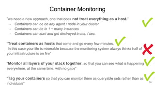 Container Monitoring
“we need a new approach, one that does not treat everything as a host.”
- Containers can be on any ag...