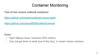 Container Monitoring
Test of two mesos collectd solutions:
https://github.com/bobrik/collectd-mesos-tasks
https://github.c...