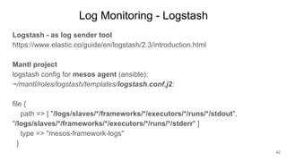 Log Monitoring - Logstash
Logstash - as log sender tool
https://www.elastic.co/guide/en/logstash/2.3/introduction.html
Man...