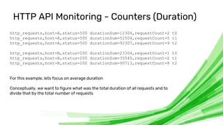 © 2020 InfluxData. All rights reserved. 73
HTTP API Monitoring - Counters (Duration)
http_requests,host=A,status=500 durat...