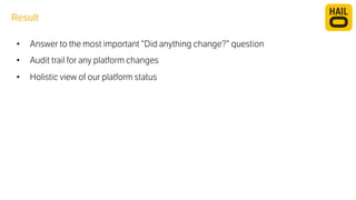 Result 
• Answer to the most important “Did anything change?” question 
• Audit trail for any platform changes 
• Holistic view of our platform status 
 