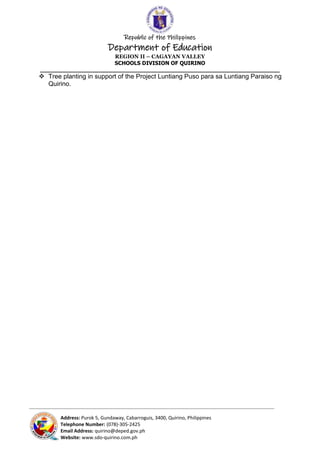 Republic of the Philippines
Department of Education
REGION II – CAGAYAN VALLEY
SCHOOLS DIVISION OF QUIRINO
______________________________________________________________________
_____________________________________________________________________________________________________________________________
Address: Purok 5, Gundaway, Cabarroguis, 3400, Quirino, Philippines
Telephone Number: (078)-305-2425
Email Address: quirino@deped.gov.ph
Website: www.sdo-quirino.com.ph
 Tree planting in support of the Project Luntiang Puso para sa Luntiang Paraiso ng
Quirino.
 