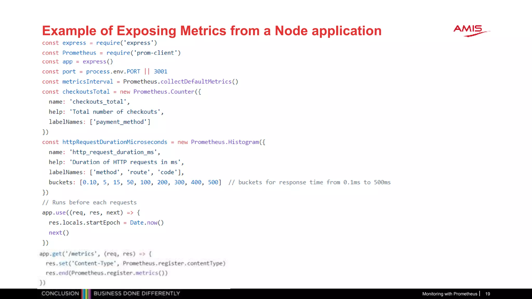 Example of Exposing Metrics from a Node application
Monitoring with Prometheus 19
 