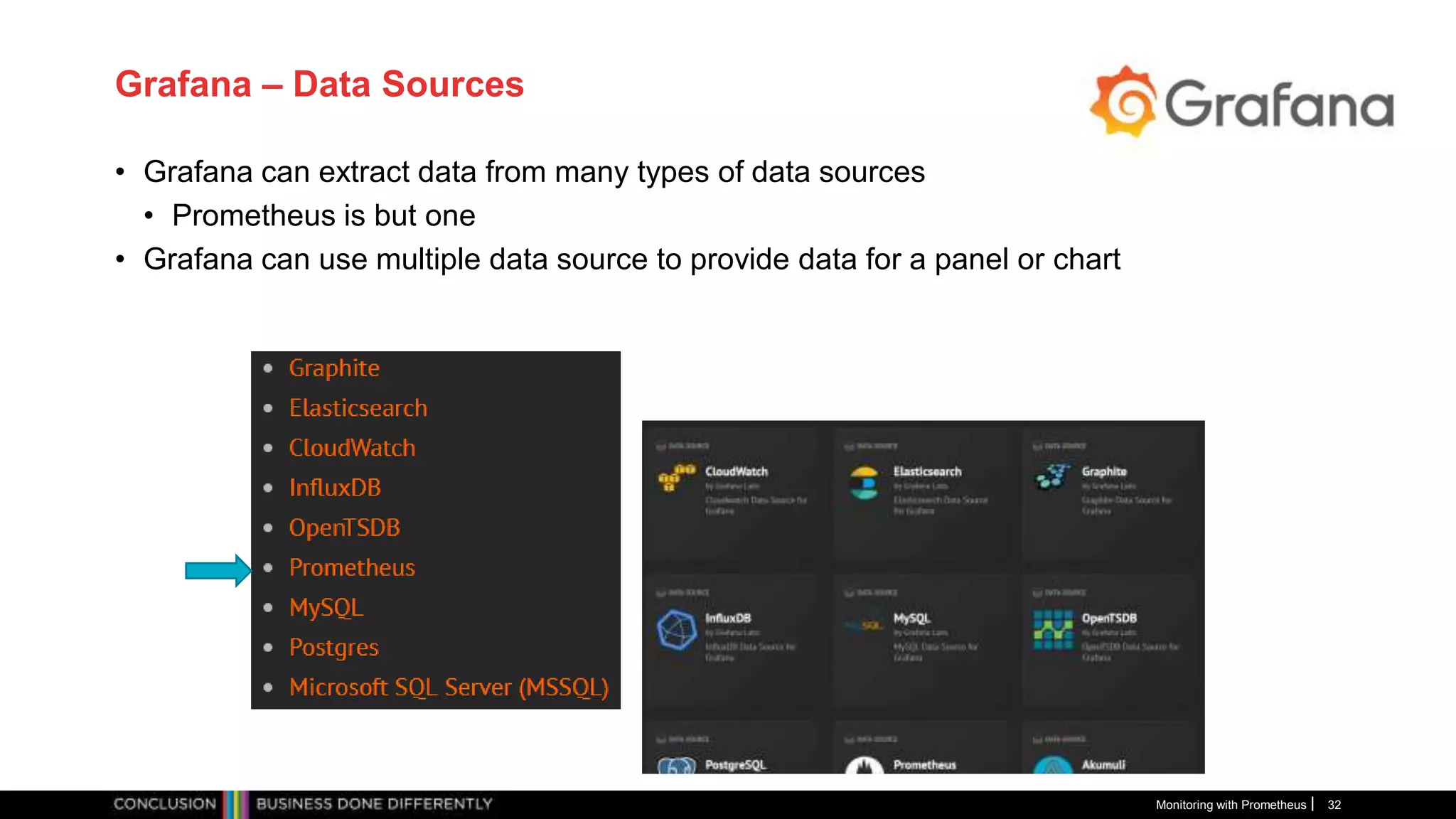 Grafana – Data Sources
• Grafana can extract data from many types of data sources
• Prometheus is but one
• Grafana can use multiple data source to provide data for a panel or chart
Monitoring with Prometheus 32
 