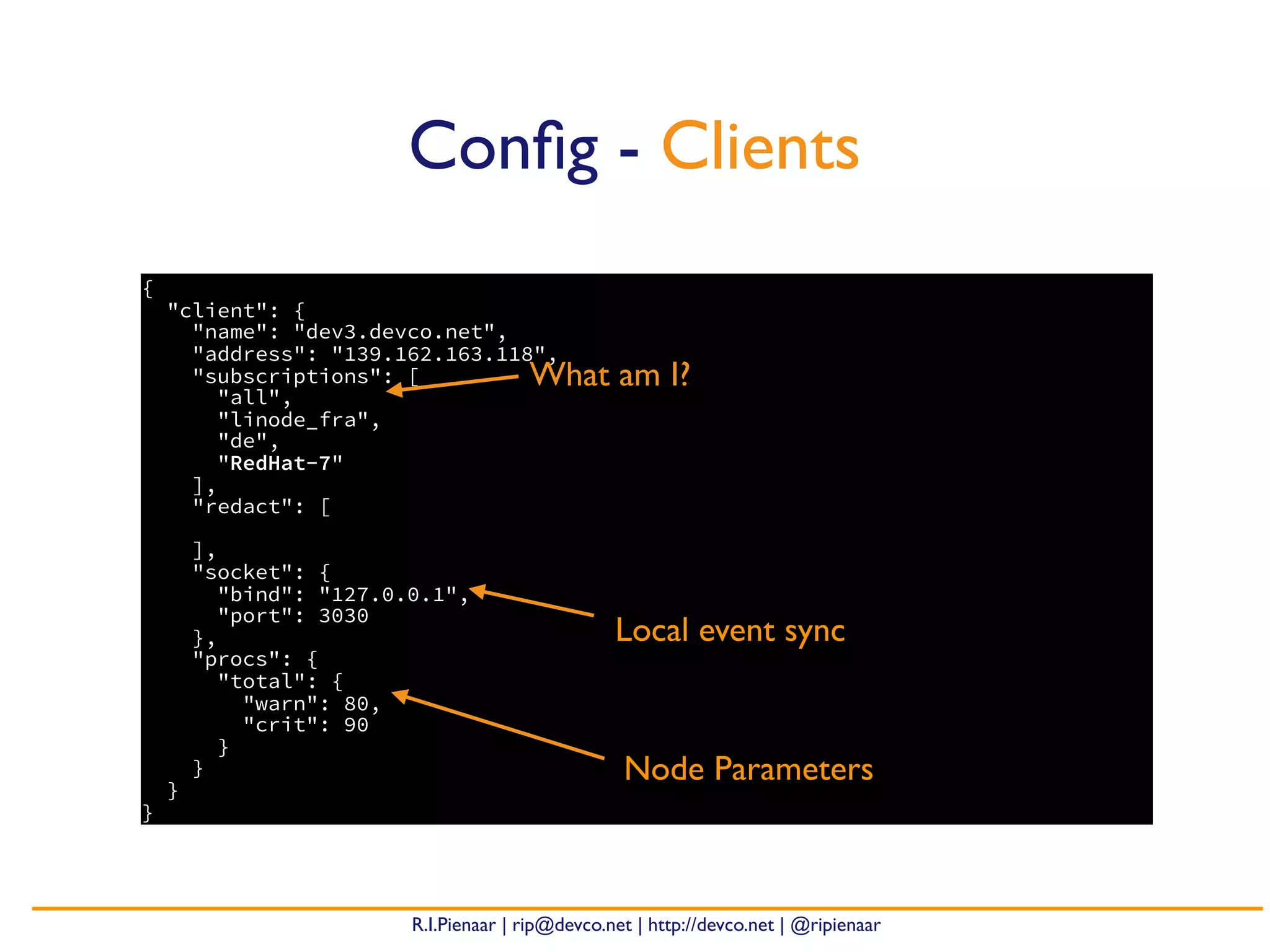 R.I.Pienaar | rip@devco.net | http://devco.net | @ripienaar
{
"client": {
"name": "dev3.devco.net",
"address": "139.162.163.118",
"subscriptions": [
"all",
"linode_fra",
"de",
"RedHat-7"
],
"redact": [
],
"socket": {
"bind": "127.0.0.1",
"port": 3030
},
"procs": {
"total": {
"warn": 80,
"crit": 90
}
}
}
}
Conﬁg - Clients
Local event sync
What am I?
Node Parameters
 