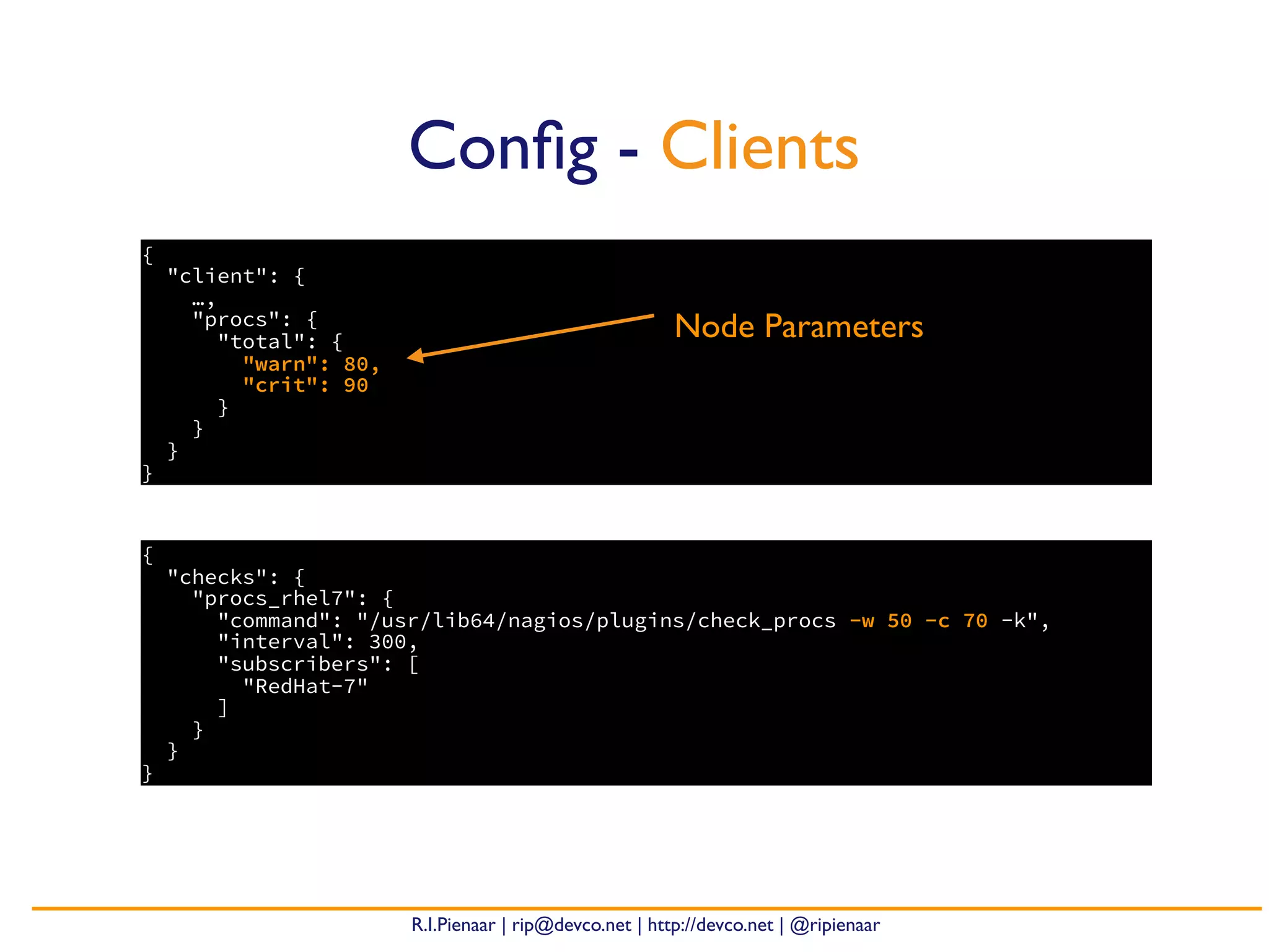 R.I.Pienaar | rip@devco.net | http://devco.net | @ripienaar
{
"client": {
…,
"procs": {
"total": {
"warn": 80,
"crit": 90
}
}
}
}
Conﬁg - Clients
Node Parameters
{
"checks": {
"procs_rhel7": {
"command": "/usr/lib64/nagios/plugins/check_procs -w 50 -c 70 -k",
"interval": 300,
"subscribers": [
"RedHat-7"
]
}
}
}
 