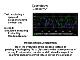Case study:
“Company A”
Task: exploring a
space of
solutions to find
the best one
Method:
Simulated annealing
Probability
Random Number
Metrics Driven Development!
Track the evolution of the process instead of
parsing a (boring) log file to (1) correlate the consequences of
having P(x) > random number and (2) visually inspect the
real-time changing of P(x) values during the simulation

 