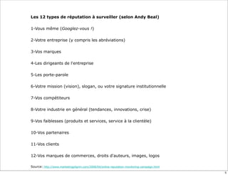•   Les 12 types de réputation à surveiller (selon Andy Beal)

    1-Vous même (Googlez-vous !)

•   2-Votre entreprise (y compris les abréviations)

•   3-Vos marques

•   4-Les dirigeants de l'entreprise

•   5-Les porte-parole

•   6-Votre mission (vision), slogan, ou votre signature institutionnelle

    7-Vos compétiteurs

•   8-Votre industrie en général (tendances, innovations, crise)

•   9-Vos faiblesses (produits et services, service à la clientèle)

•   10-Vos partenaires

•   11-Vos clients

•   12-Vos marques de commerces, droits d'auteurs, images, logos

    Source: http://www.marketingpilgrim.com/2008/04/online-reputation-monitoring-campaign.html
                                                                                                 5
 